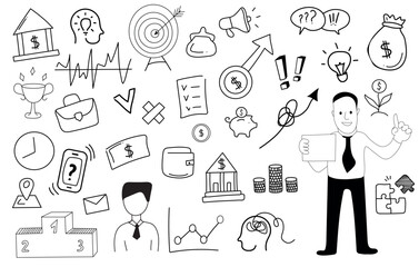 Financial and bank icons vector set. Money, business, finance and charts, infographic, money and goal, communication and success. Vector illustration. Isolated linear hand drawn doodles.