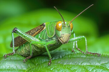 Vibrant Green Grasshopper on Lush Green Leaf