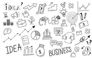 Financial icons vector set. Money, business, finance and charts, infographics, money and goal, communication and success. Vector illustration. Isolated linear hand drawn doodles.
