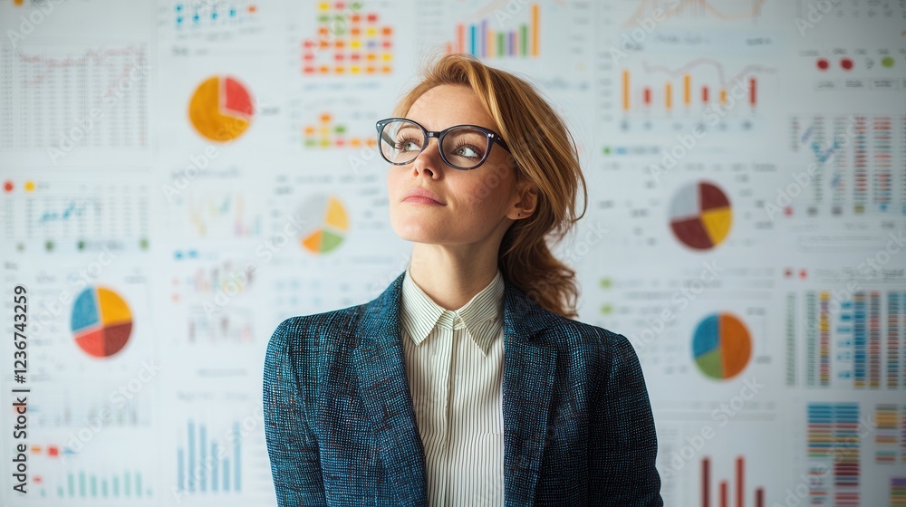 Leinwandbilder a professional woman with glasses stands thoughtfully in front of colorful data visualizations and g