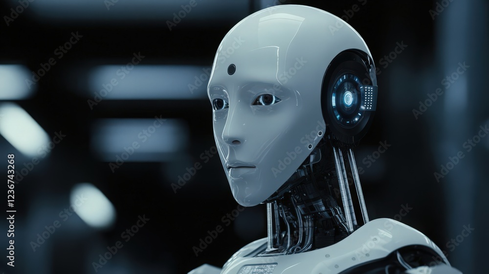 Poster close-up of a serene humanoid robot with advanced futuristic features