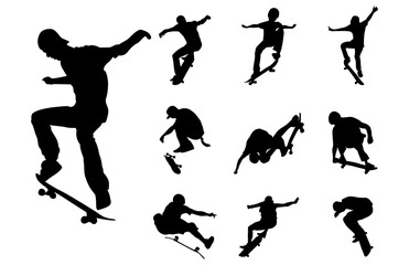 Silhouette of a person skateboarding set. Isolated vector illustration in black and white.