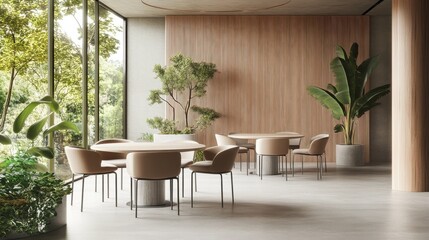 Fototapeta premium Eco style interior design in modern open space office with grey tables and chairs, wooden decor wall and concrete floor. 3D rendering