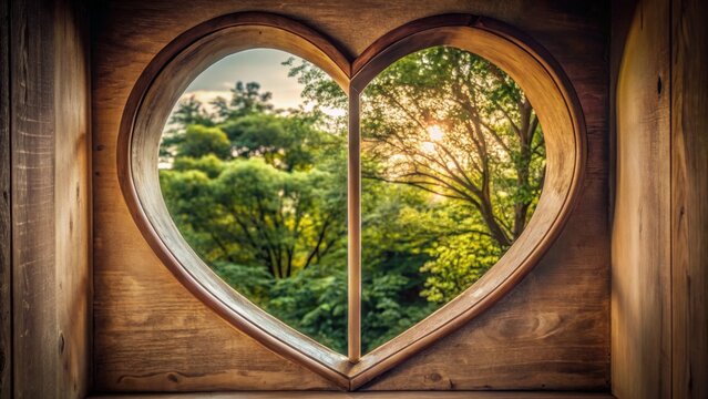 Heart-Shaped Window Frame Overlooking Lush Green Nature Scene