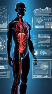 A full-body silhouette with neural and digestive systems highlighted in red, surrounded by a holographic interface of futuristic data, showing AI-enhanced human health analytics