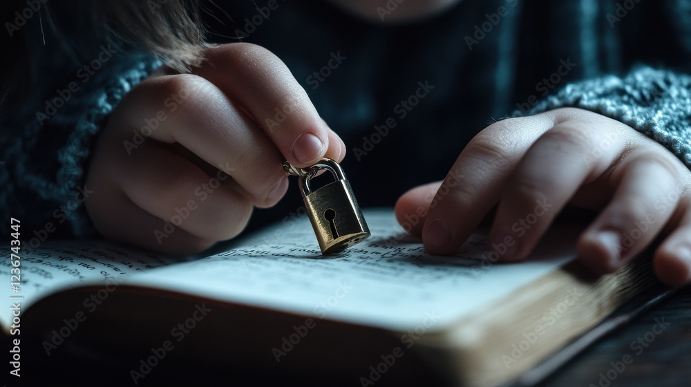 Poster A child locking their diary with a tiny padlock, symbolizing personal security