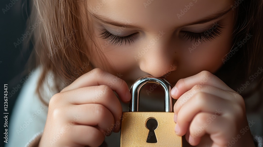 Aufkleber a child locking their diary with a tiny padlock, symbolizing personal security