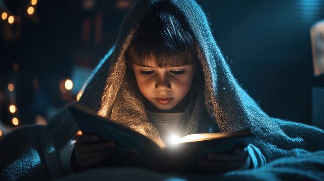 A child holding a flashlight under the blanket, reading a storybook late at night