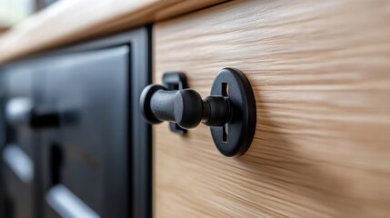 A childproof lock on a cabinet, symbolizing home security and child safety