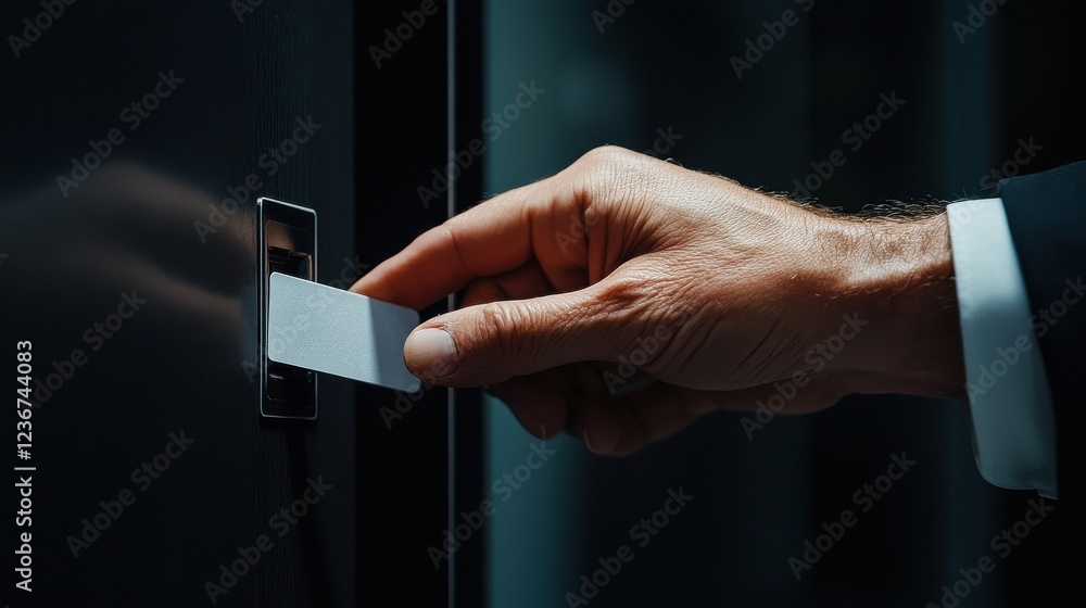 Poster a close-up of a hand swiping a key card to gain access to a secure office building