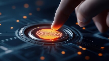 A close-up of a digital fingerprint scanner glowing as a finger hovers over it