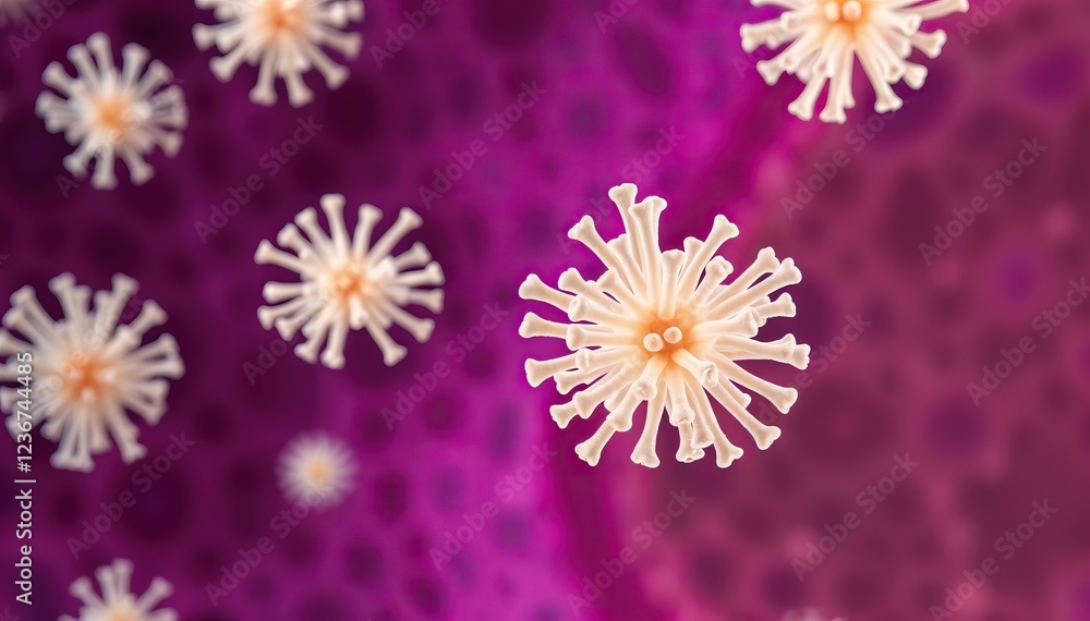 Poster microscopic view of numerous virus particles structure against purple background research and scienc