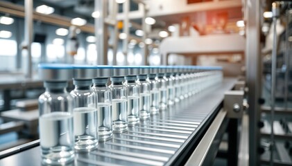 Rows of pharmaceutical vials move along conveyor belt in sterile manufacturing facility