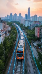 Fototapeta premium Modern Orange Train Travels Through Cityscape on Elevated Tracks, Urban Transport Concept