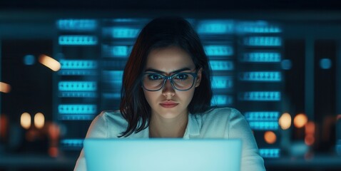 A focused woman in glasses analyses data on a laptop, illuminated by blue lights in a high-tech environment.