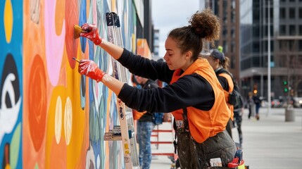 A community storytelling mural being painted by volunteers on a large urban wall