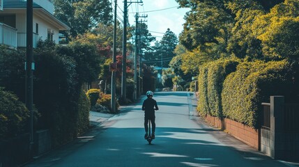 Obraz premium Serene Suburban Ride: A Person on a Scooter on a Quiet Residential Street
