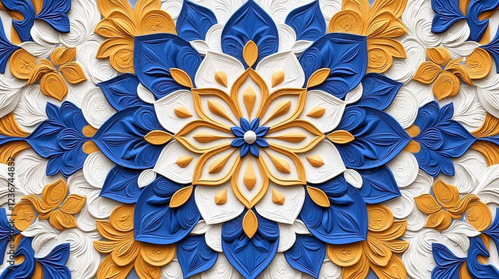 Poster a vibrant floral design featuring intricate blue, white, and orange patterns, creating a stunning th