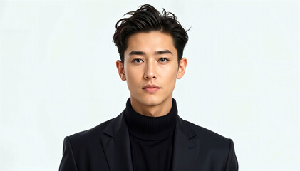 Fototapeta premium young Asian man with dark hair wearing black turtleneck and blazer looks directly camera against white background