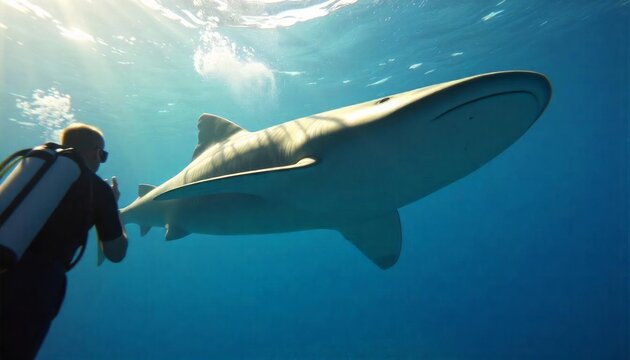 Underwater Encounter A Diver's Close Up with a Majestic Sand Tiger Shark in its Ocean Habitat