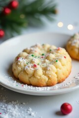 Fototapeta premium Crunchy sugar cookie sits atop a snowy white plate, still life, confectionery, festive cookies