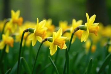 Colorful daffodils swaying gently in the wind amidst a bed of lush greenery, blooming flowers, garden, flowers