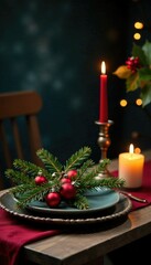 Dark stone table features Christmas branch centerpiece, dark, christmas, festive
