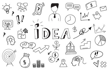 Financial, business and bank icons vector set. Money, finance and charts, infographics, goal, handwritten words, communication and success. Vector illustration. Isolated linear hand drawn doodles.