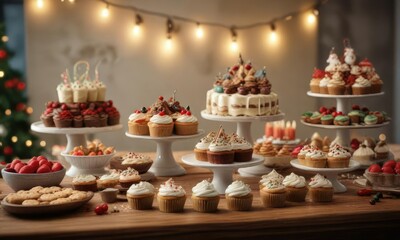 Fototapeta premium Holiday-themed dessert table with cupcakes and cookies , colorful presentation, baked goods