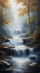 Serene autumn waterfall cascading through misty forest; nature background for tranquility themed designs.