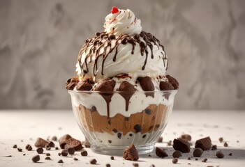 Ice cream sundae with brownie bits and chocolate chips, rich, treat, decadent