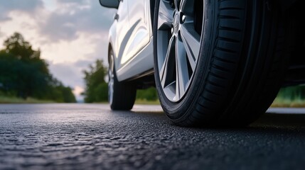 A driver performing a safety check on their car tire pressure and brakes