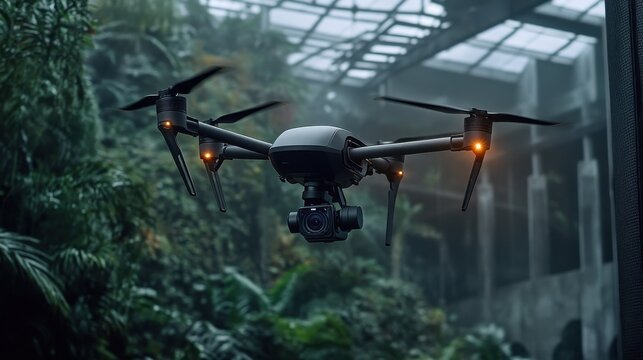 A drone equipped with security cameras patrolling an outdoor are