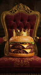Burger with a crown on a royal chair