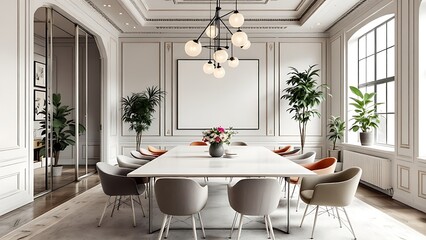 Modern coworking office interior with elegant furniture and decor. 3D Rendering