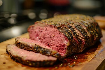Delicious medium rare roast beef seasoned with peppercorns, resting on a wooden cutting board after being sliced