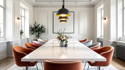 Modern coworking office interior with elegant furniture and decor. 3D Rendering