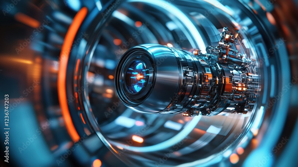 Poster a futuristic hyperloop pod speeding through a transparent tunnel with a sleek design