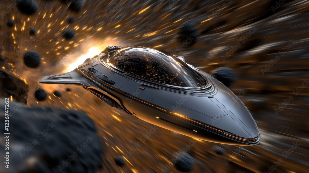 Poster a futuristic spacecraft racing through an asteroid field in a sci-fi setting