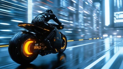 Obraz premium A futuristic motorcycle streaking through a cyberpunk cityscape