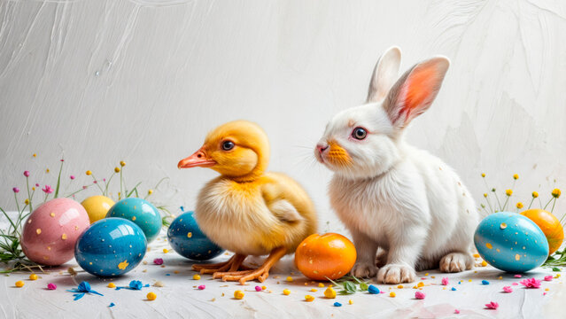 Cute and adorable Easter bunny and Easter duckling surrounded by Easter eggs and sweets