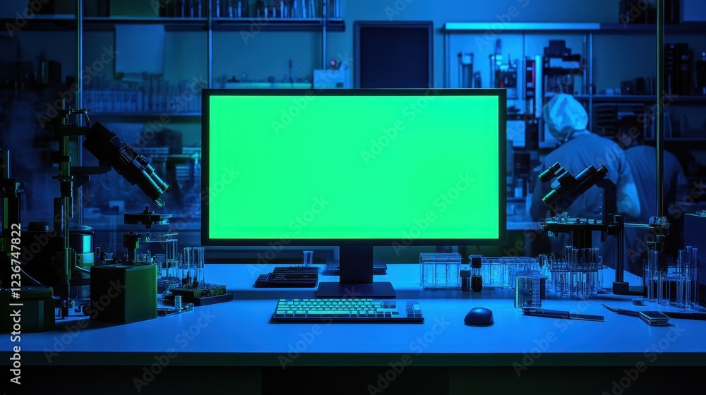 Poster green screen desktop setup in a science lab surrounded by test tubes, microscopes, and researchers c