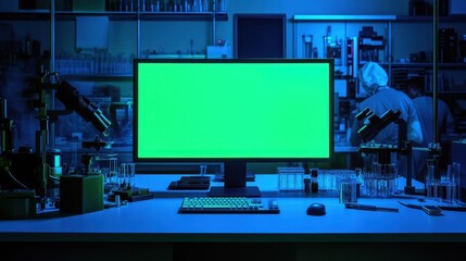 Fototapeta premium Green screen desktop setup in a science lab surrounded by test tubes, microscopes, and researchers conducting experiments in the distance