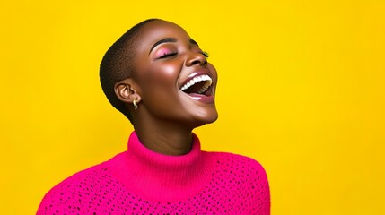 Fototapeta premium Beautiful Black Woman in Pink Sweater Smiling Against Bright Yellow Wall