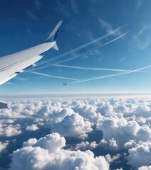 Fototapeta premium Long plane trail behind aircraft in clear blue sky with a few puffy clouds, flight, aerial, jet