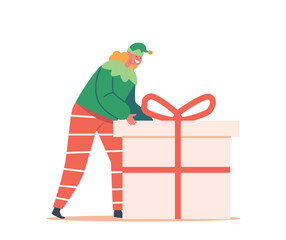 Cute Elf Girl Push Huge Gift Box, Santa Claus Helper Wear Green Dress And Striped Stockings. Christmas Personage