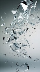 58. A high-speed shot of a glass breaking into sharp shards with the pieces scattered across a smooth surface