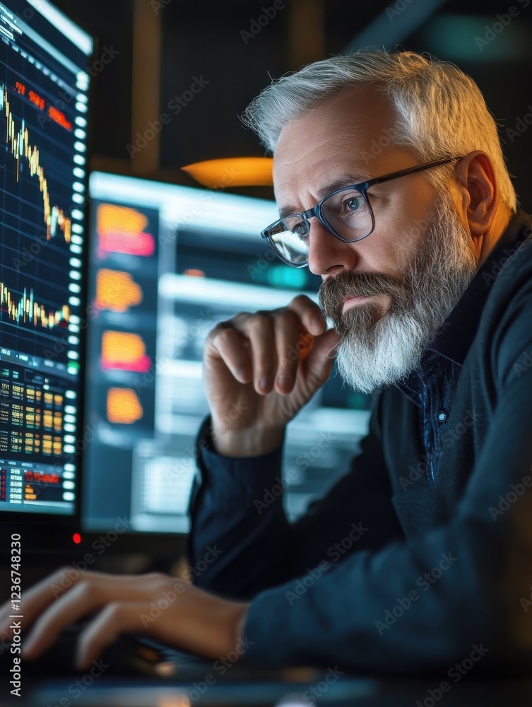 Poster mature crypto trader investor analyst broker using pc computer analyzing digital cryptocurrency exch