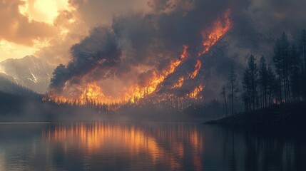 Naklejka premium Wildfire raging near lake at sunset; smoke and flames reflected in water; environmental disaster; use for news, climate change articles