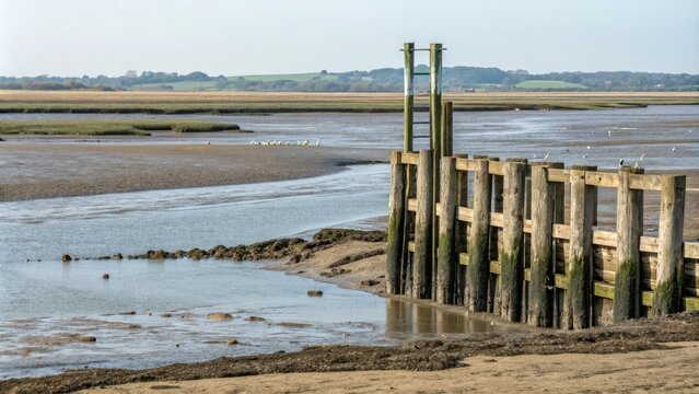 Low tide reveals a groyne surrounded by mudflats and salt marshes, with water lapping at the structure's base, tidal zone, water levels, coastal erosion